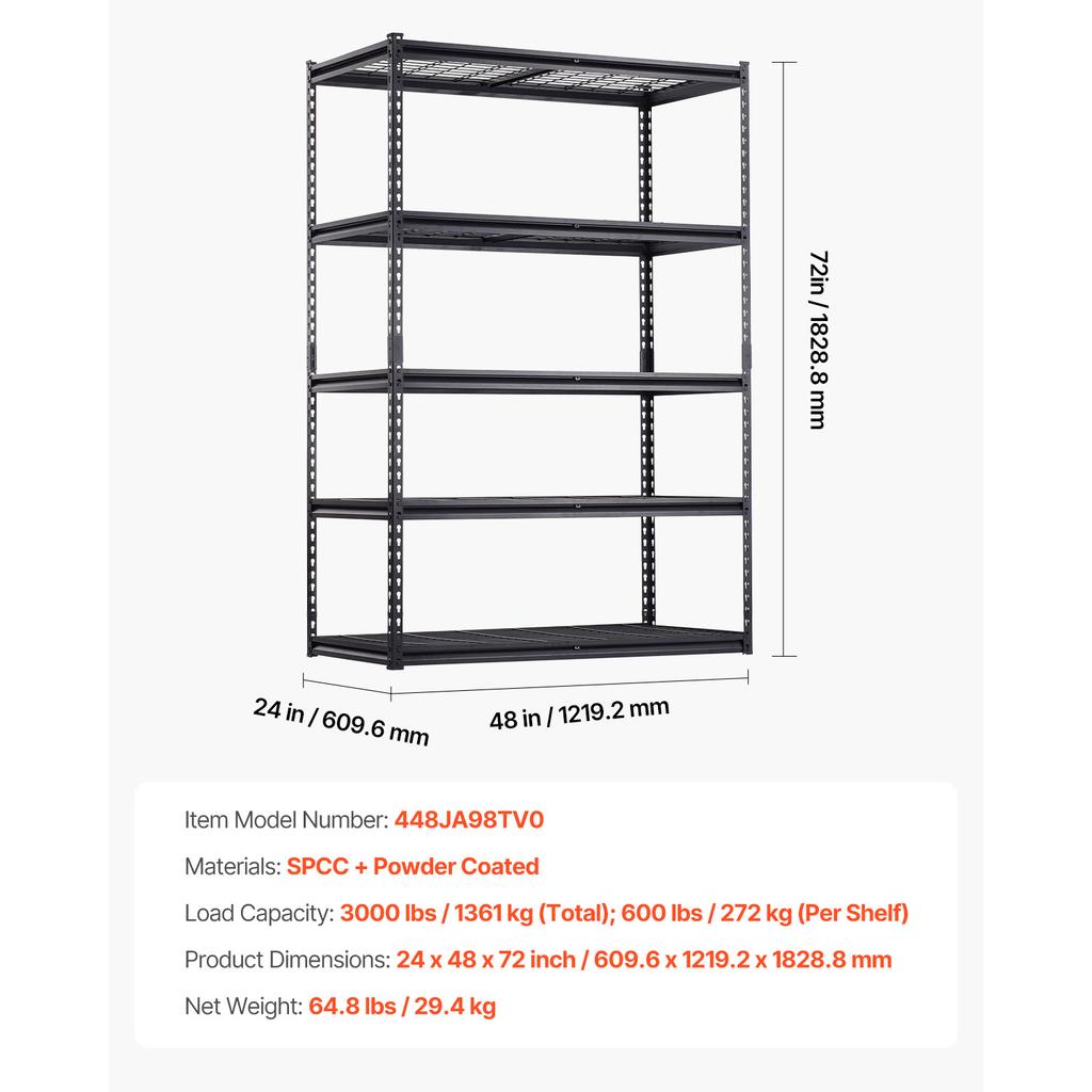 SucceBuy 5 Tier Metal Storage Shelves Height Adjustable Garage Shelving Racking Freestanding Shelf Unit for Industrial Warehouse