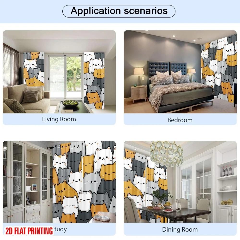 JIT 2pcs Cute Kitten Printed Curtains   Design Drapes   Shading Polyester Window Treatments for Kids Room   Home Decor   Rod Pocket