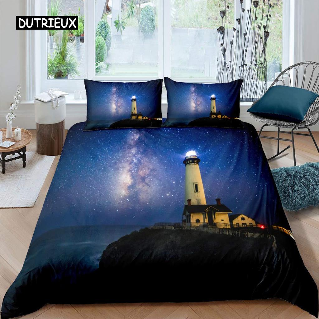 Lighthouse Duvet Cover Set Nautical Surfing Ocean Wave Bedding Set Queen Polyester Coastal Nature Theme Quilt Cover for Kids Boy