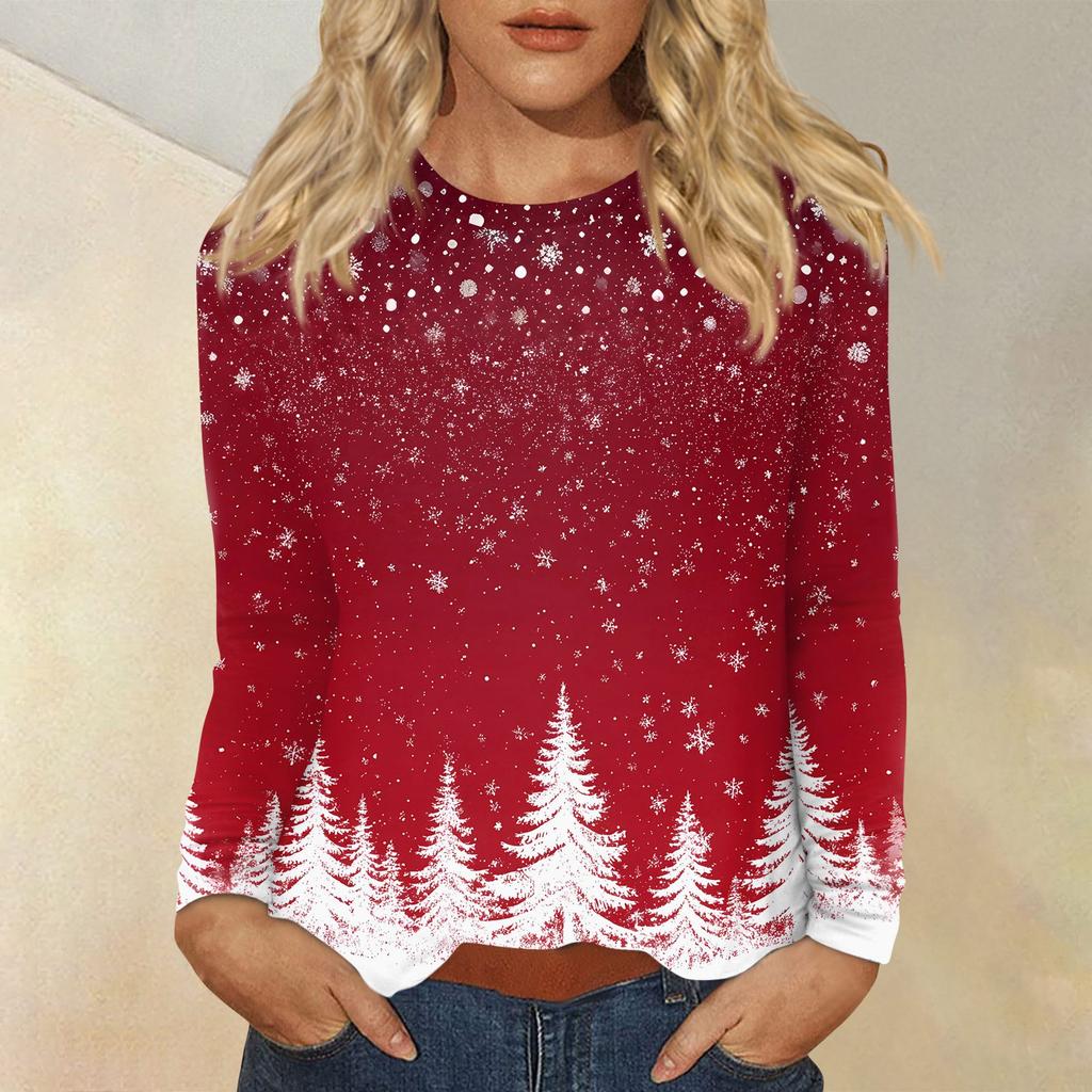 Women's Fashion Casual Christmas Printed Round Neck Long Sleeve Pullover Top