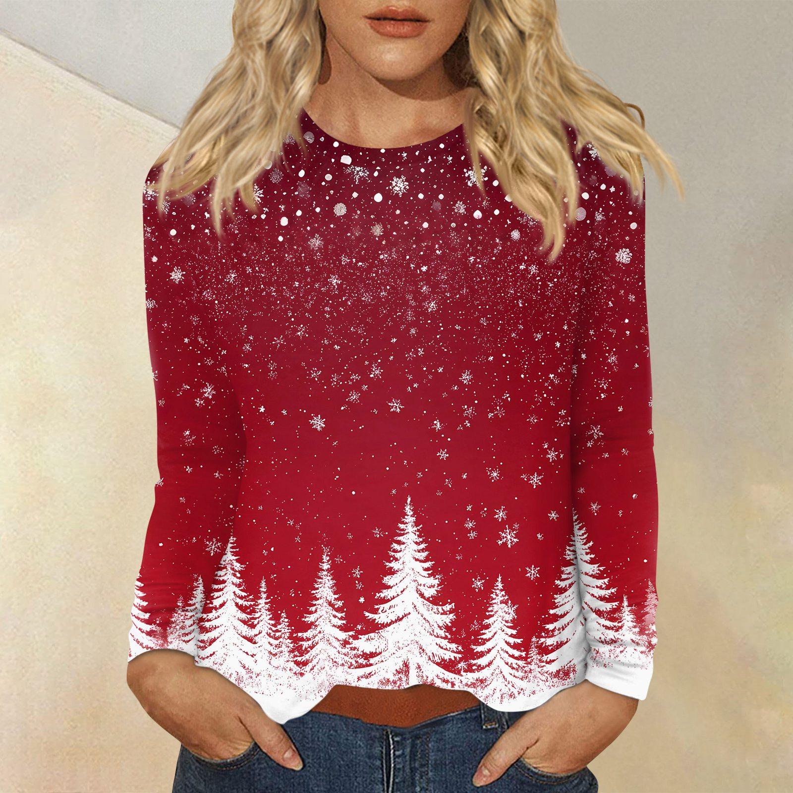 

Женская мода повседневный рождественский принт круглый вырез длинный рукав пуловер топ XL