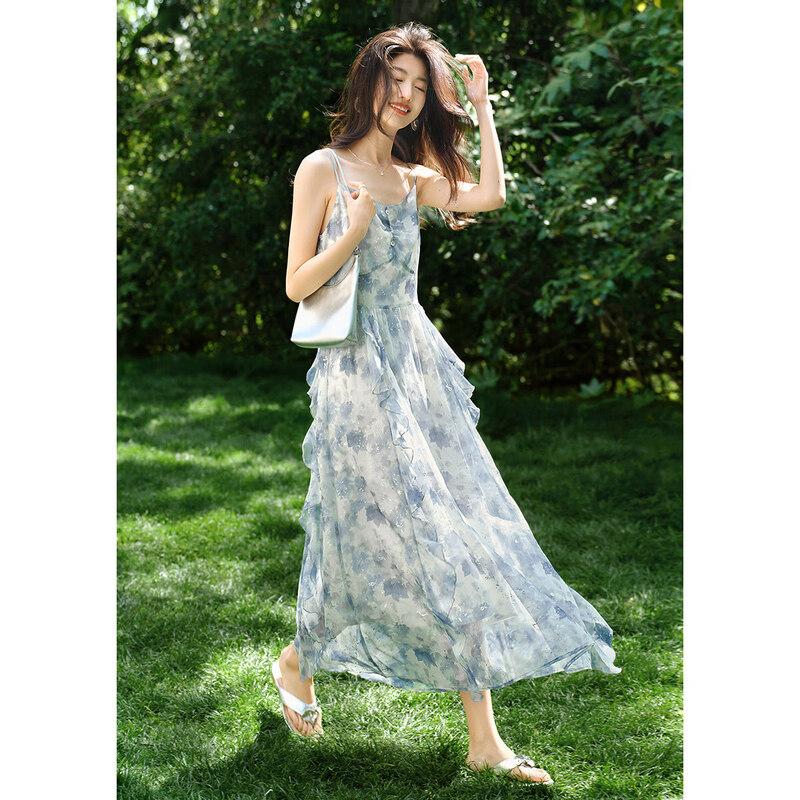 XWI Glass Island Women s Blue Printed Sling Ruffle Long Dress S