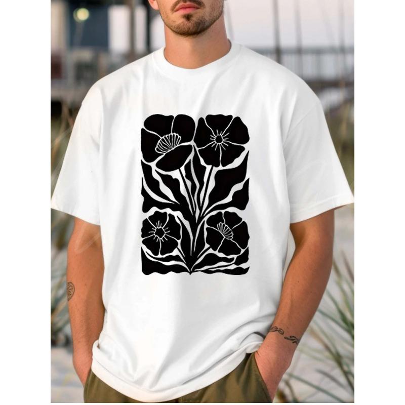 European Size Men s White Cotton T - shirt: Bold Black Floral Pattern S белый