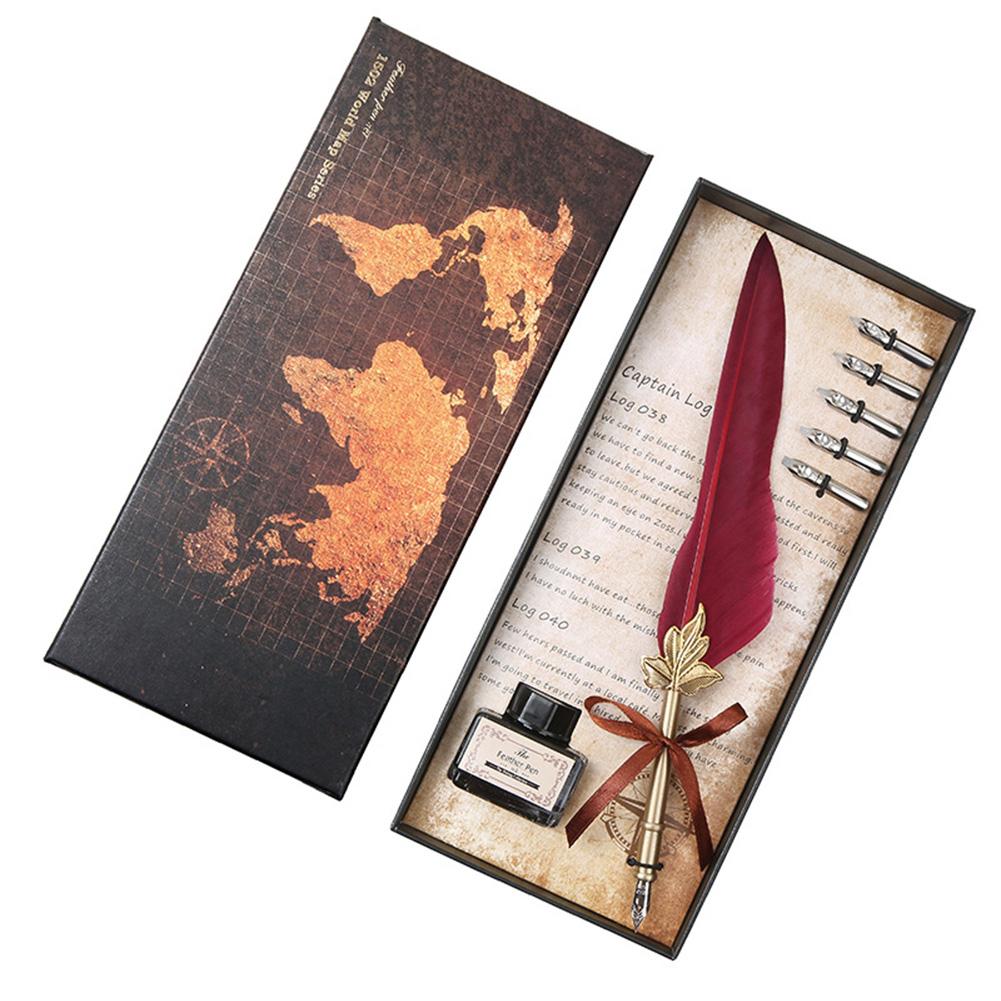 Vintage Feather Dip Pen Copper Penholder with 5 Nibs Antique Calligraphy Pen Replaceable Decorative Articles for Men Women Gifts