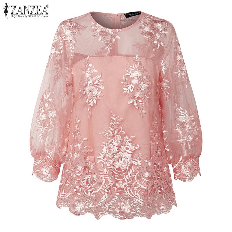 ZANZEA Dámská elegantní letní ležérní halenka s 3/4 rukávem a krajkovou vsadkou