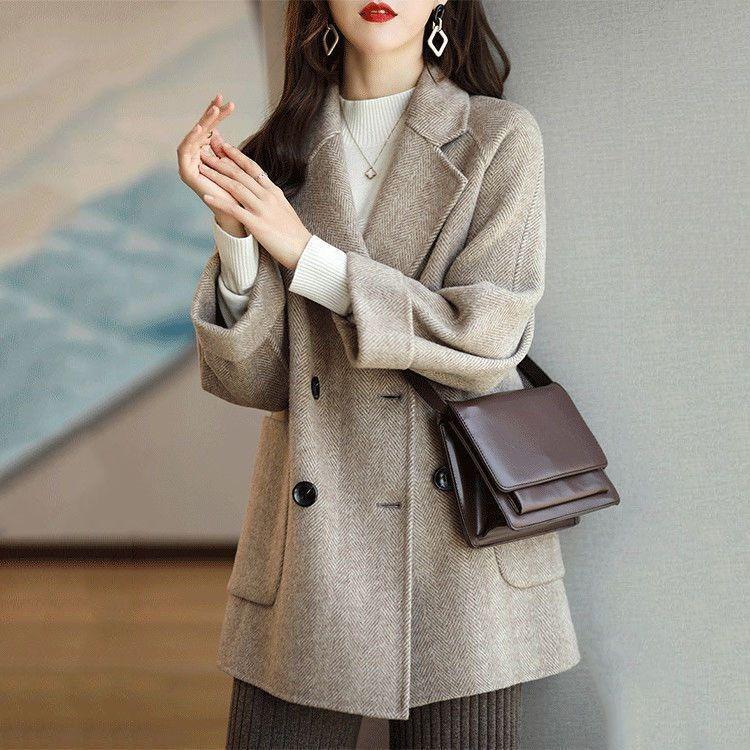 Women's Woolen Coat Autumn Winter New Suit Collar Temperament Herringbone Loose Thin Versatile Warm