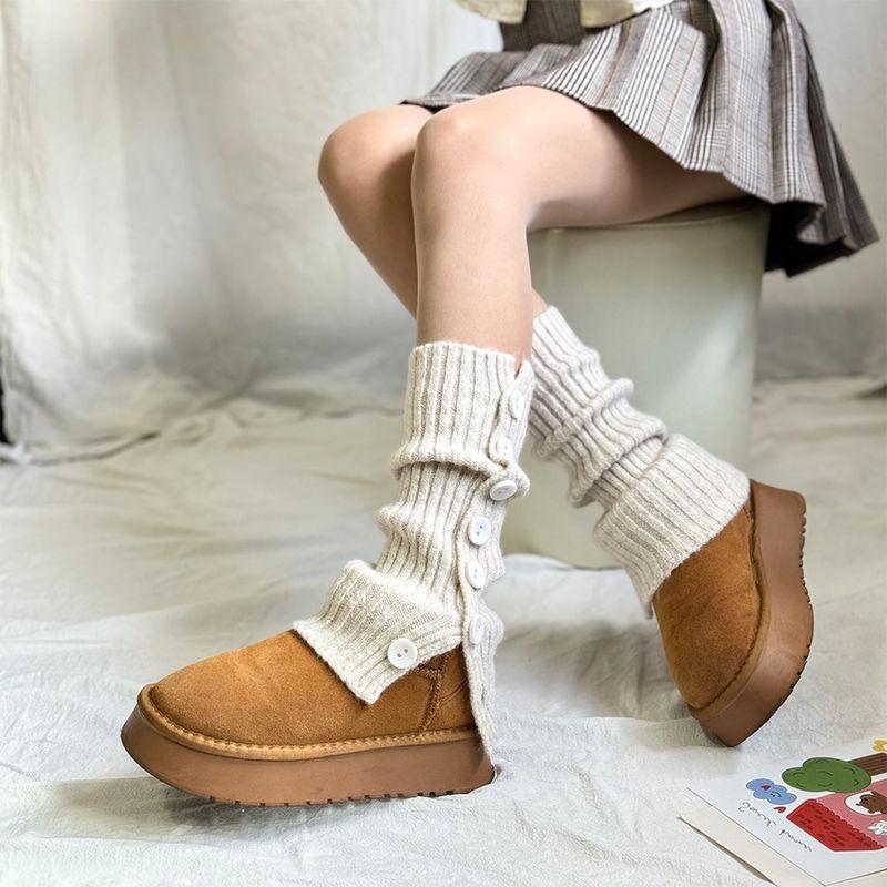 Autumn And Winter Side Split Buttons Stacked Socks Cover Women'S Knitted Warm Slightly Wide Legs Middle Tube Pit Strip Thin Calf Cover