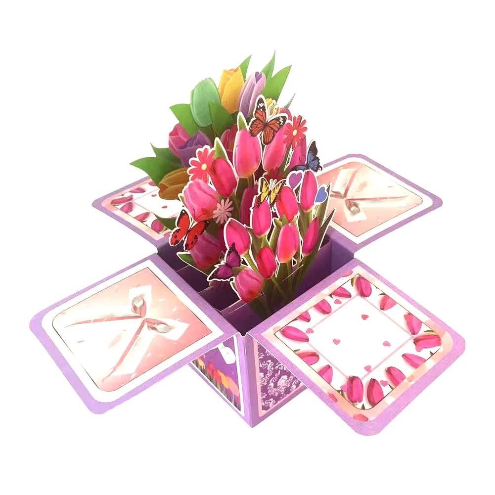 Creative Blessing Greeting Postcard 3D Pop-Up Tulips Roses Sunflowers Bouquet Card Gift For Her Friend Lover