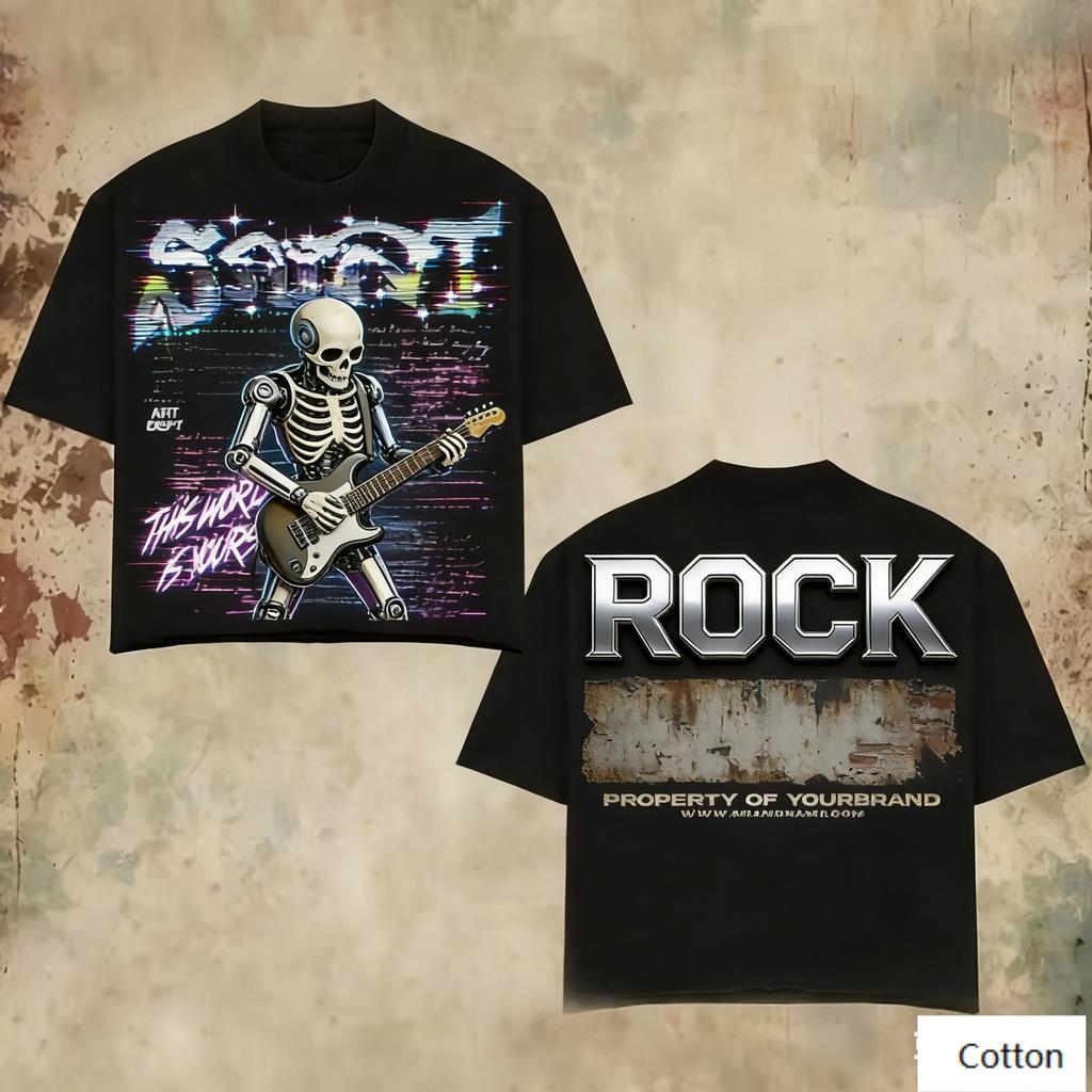 Oversized Black Cotton TShirt with Bold Robot Skeleton Guitar Graphic and ROCK Metallic Text Unisex Streetwear Tee