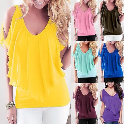 Ladies Fashion Casual Loose Strapless  Sleeve Stitching Top Chiffon Top