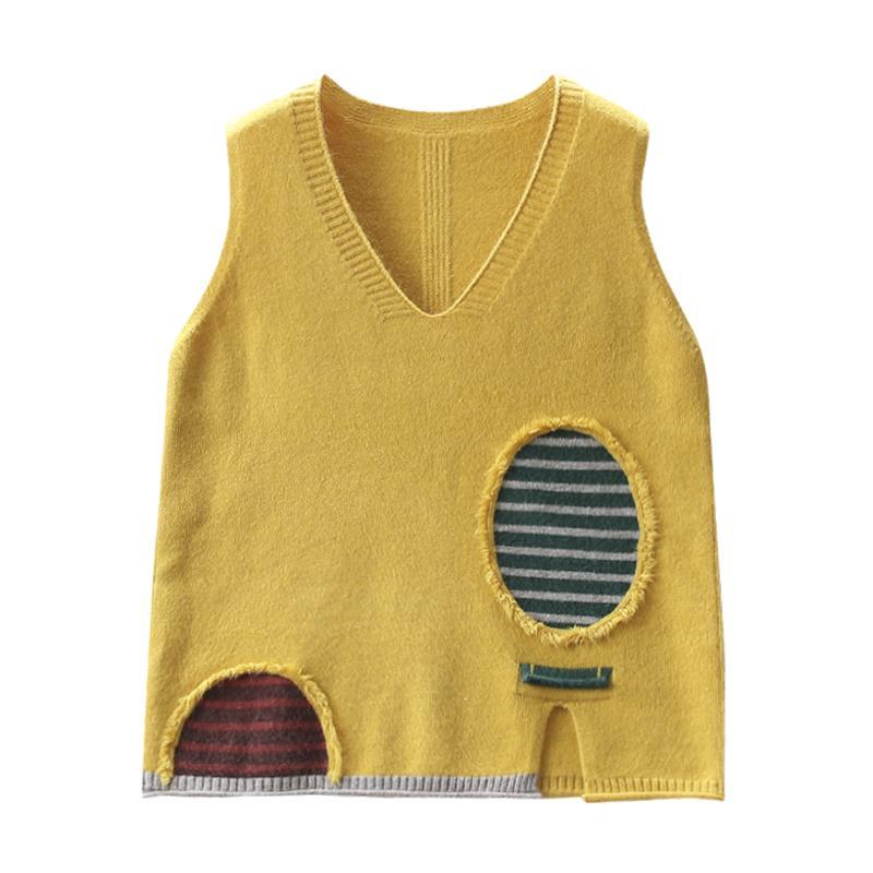 Autumn Winter Women's Loose Knitted Vest Sleeveless Vest Literary Color-block V-neck Pullover Knit Waistcoat