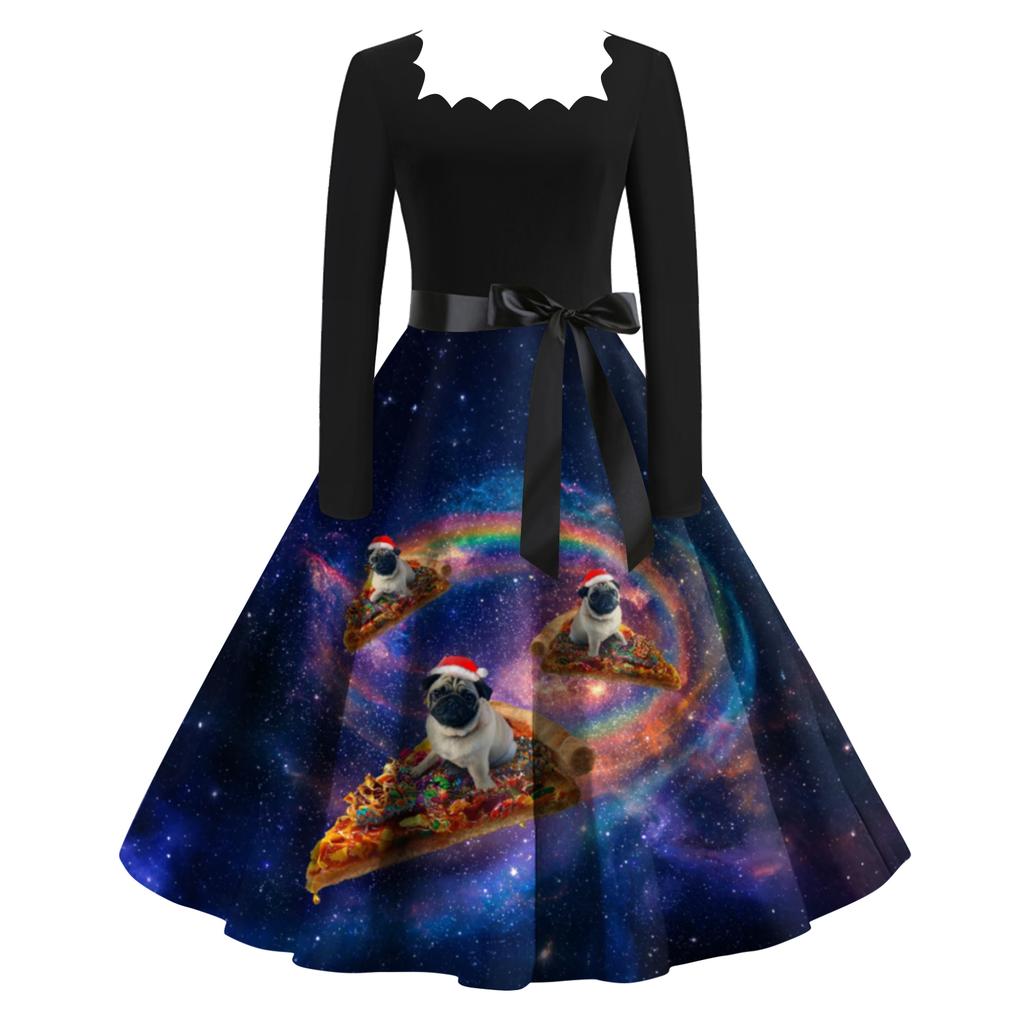 Women's Fashion Retro Long-sleeved Square Collar Christmas Printed Evening Dress