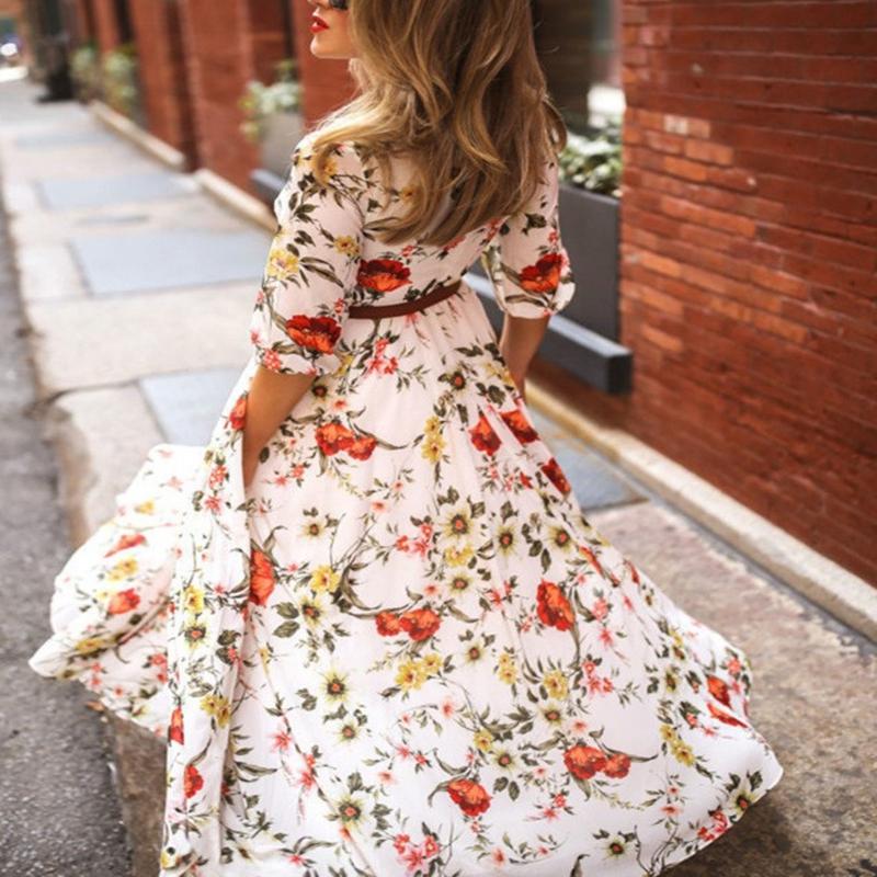 

Повседневное платье с цветочным принтом, женская мода, весна-лето, с круглым вырезом, платье больших размеров, женское платье трапециевидной формы, свободные праздничные пляжные длинные платья, элегантная одежда 592 XXXL