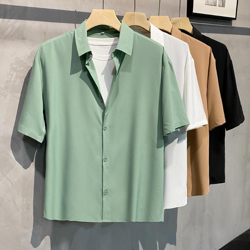 Men's Spring and Summer Lapel Solid Color Short-sleeved Loose Shirt Casual Comfortable Breathable Retro Drape Button Jacket