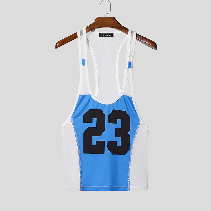 INCERUN Zomer Mannen Mouwloos Bandje Letterprint Mesh Doorzichtig Sport Tanktops Vest