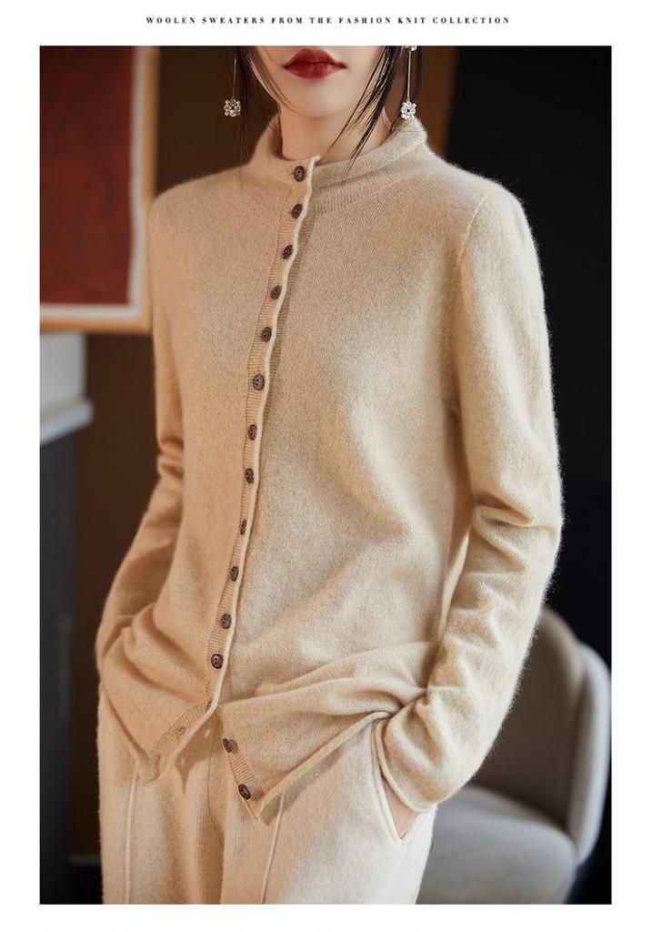Women's 100% Wool Stand Collar Seamless Cardigan - Loose Knit Long Sleeve Cashmere Coat for Autumn/Winter