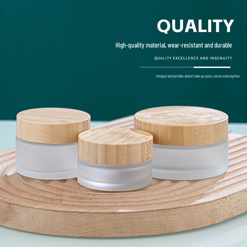 Frosted Glass Cream Jar with Wood Grain Lid - Refillable Cosmetic Container