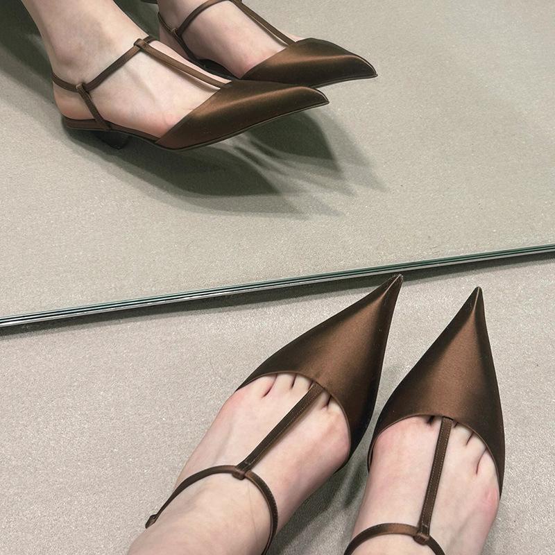 Triangular bag head cat heel sandals women's thick heel new summer satin middle heel pointed single shoes
