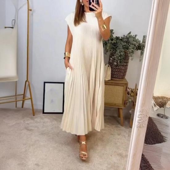 Women's Summer Sleeveless Midi Dress Pleated A Line Casual Crewneck Swing Dress Flowy Long Party Dress