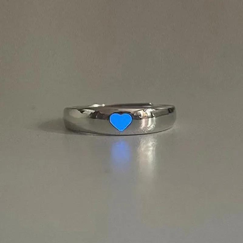 

Glow in Dark Ring Luminous Blue Pink Light Love Heart Ring Couples Girls Silver Color Jewelry Adjustable Size New Fashion Rings Luminous