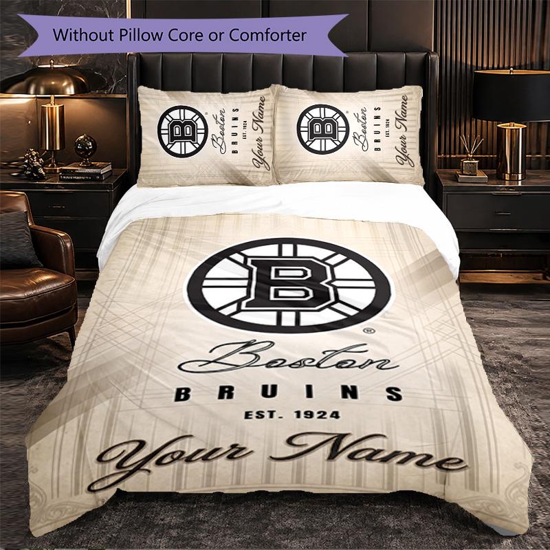 Boston Bruins Customized Name Text Bedding Set, 1 Duvet Cover & 2 Pillowcases Personalized Bedroom Gift