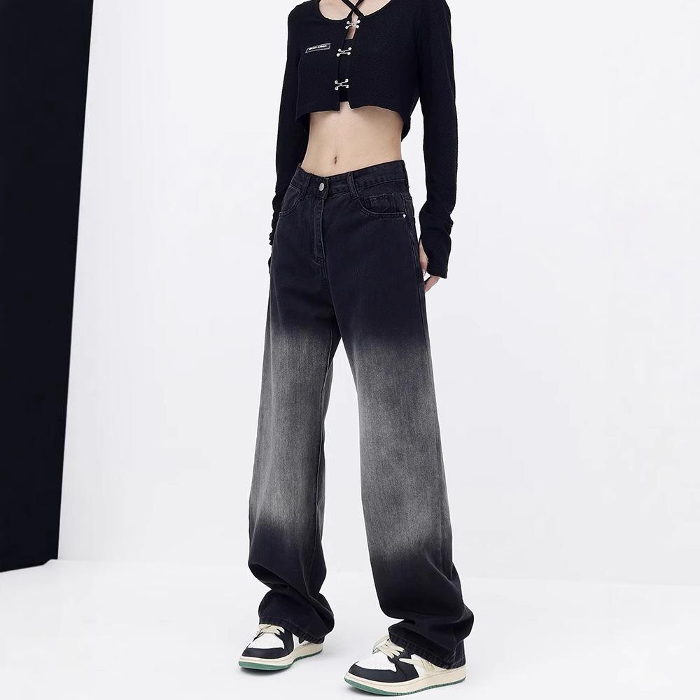 Birnenförmige High-Waist Schwarze Gradient Wide Leg Jeans für Damen - Schlankmachende Straight Leg Hose für Frühling und Herbst