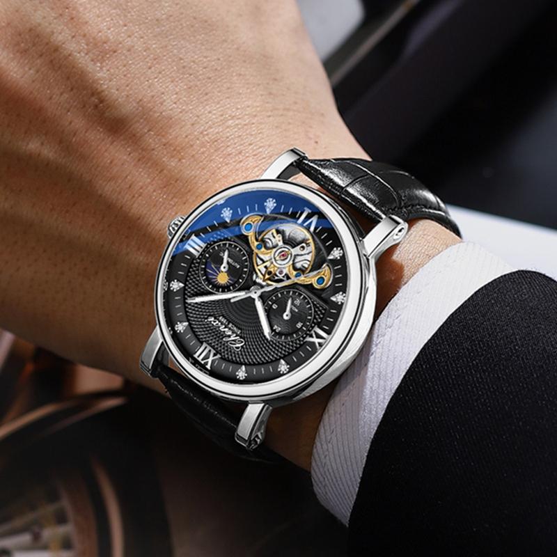 CHENXI Fashion Automatic Mechanical Watch Sun Moon Phase Tourbillon Waterproof Leather Strap Alloy Case Men's Watch
