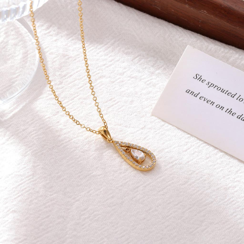 Fashion Minimalist Stainless Steel Jewelry 18k Gold Plated Waterproof Hollow Water Drop Shape Zircon Pendant Necklace YF6041