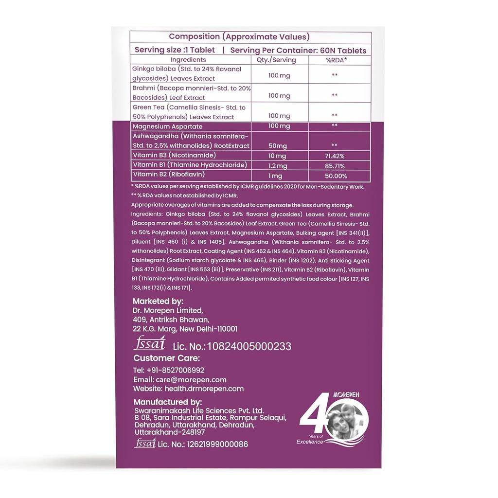 DR. MOREPEN Memory Focus Mood Tablets With GABA Ashwagandha Chamomile Brahmi Vitamins B1 B2 B3 Magnesium 60 Tablets