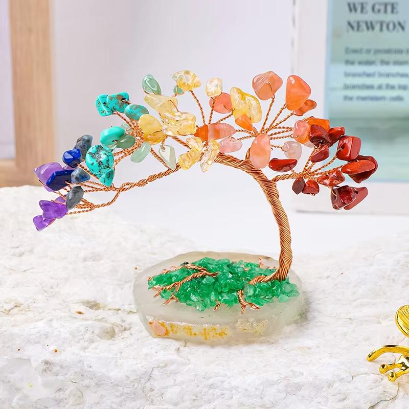 Colorful Crystal Gravel Life Tree Ornament Phoenix-tail Agate Base Copper Wire Wrapped Crystal Money Tree Decoration for 7 tree tops