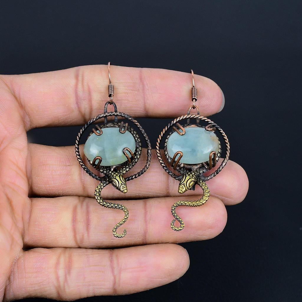 Aquamarine 999 Copper Wire Wrapped Earrings, Handmade Gemstone Earrings Jewelry, Gifts For Wife Brand New Earrings