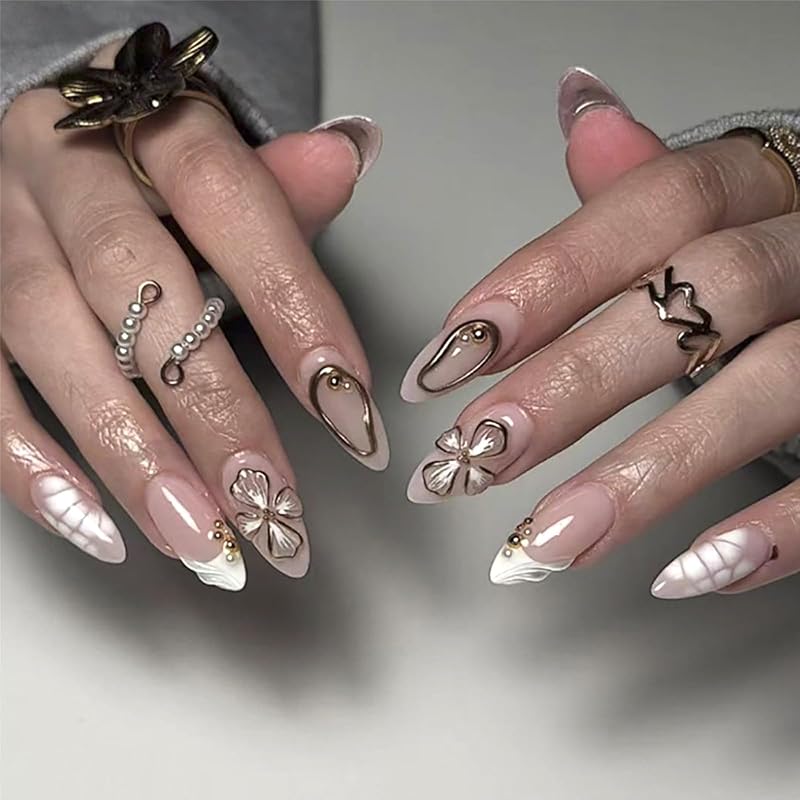 Pink French Tip Press on Nails Medium Almond Fake Nails with 3D Flower Designs Glossy Acrylic False Nails Golden Bead Artificial Glue on Nail