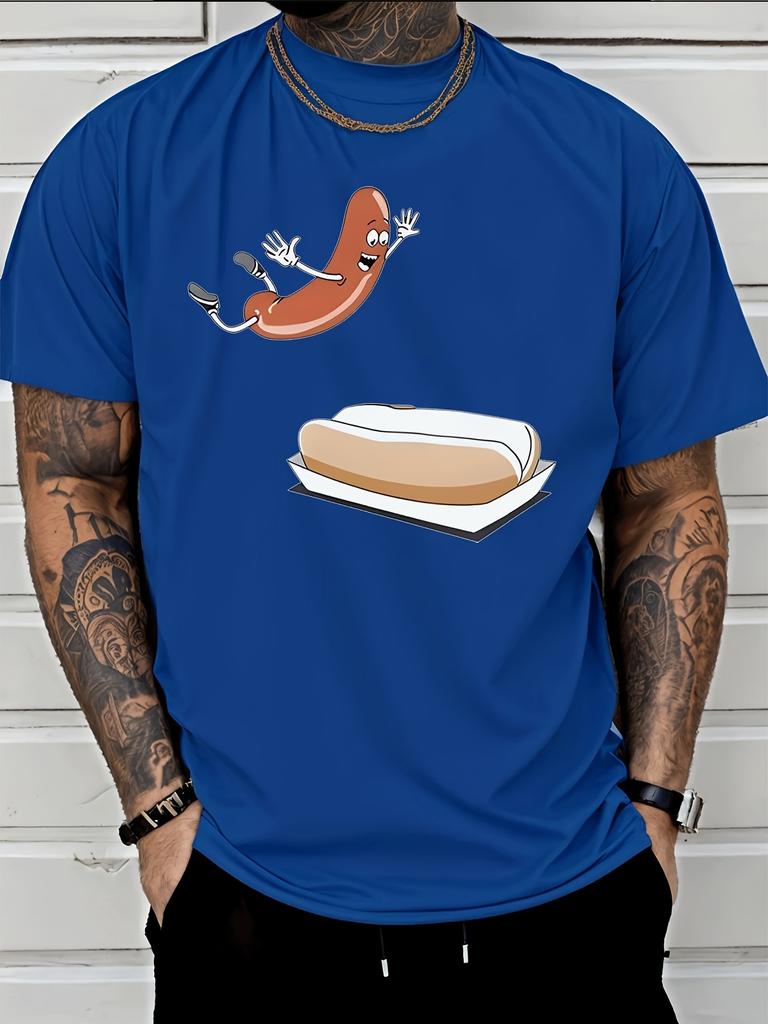 Funny Jumping Hot Dog Cartoon Food Pattern Graphic Print Unisexs Crew Neck Short Sleeve Tee Casual Daily Soft Basic Daily Wear Top