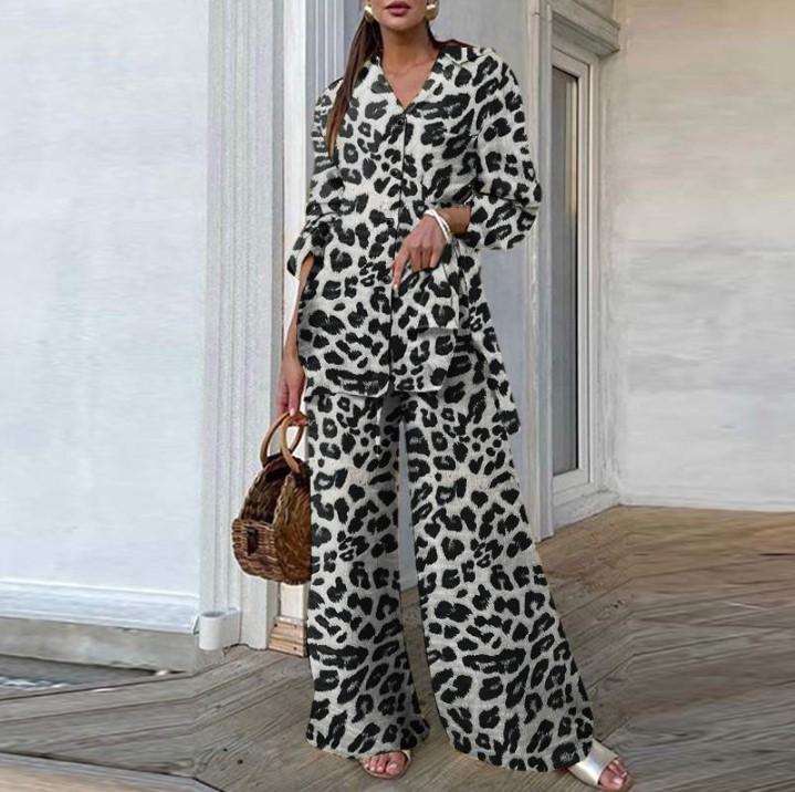 Set Primaverili Donna Camicia Leopardo Pantaloni Lunghi Gamba Larga Casual Cardigan Blusa Abito Sexy Morbido