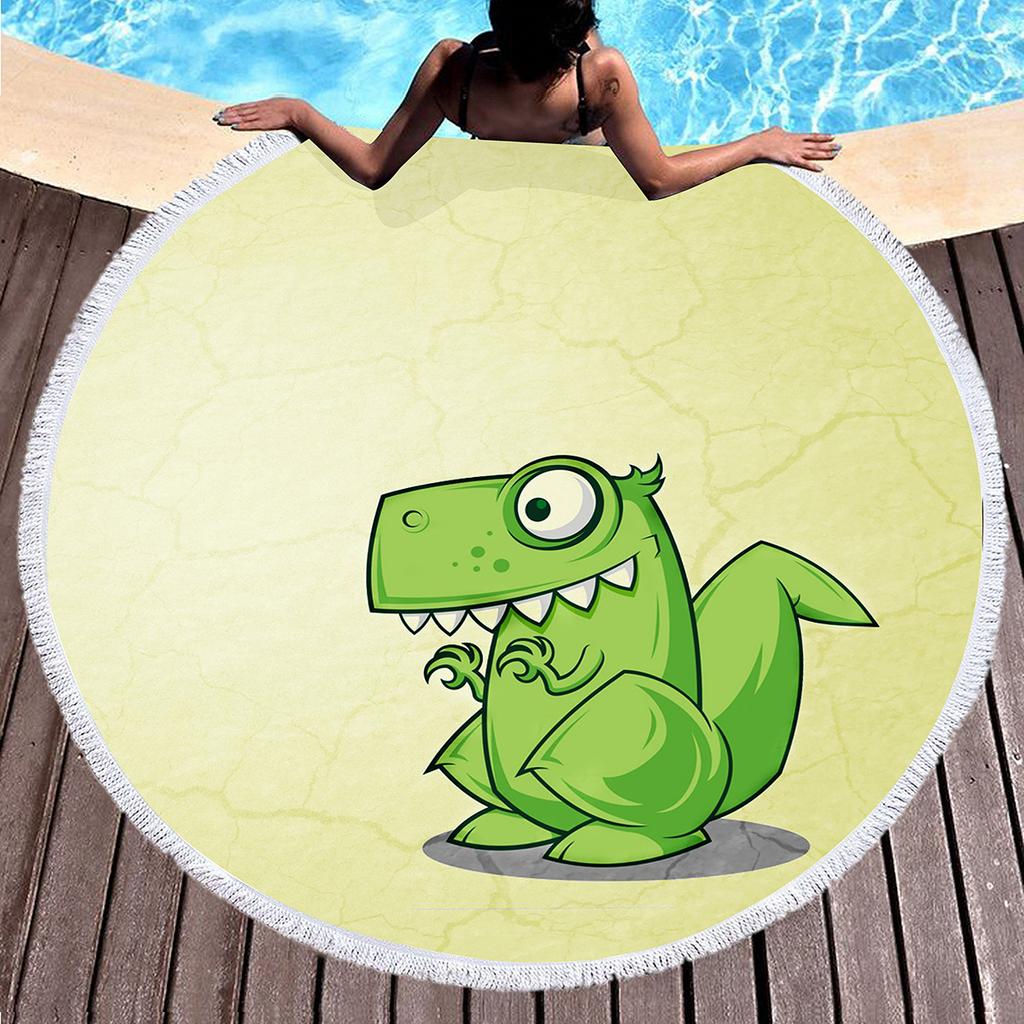 Cartoon Dinosaur Beach Towel with Tassels Polyester Sand Resistant Round Beach Blanket,Quick Dry Pool Towel Portable Picnic Mat