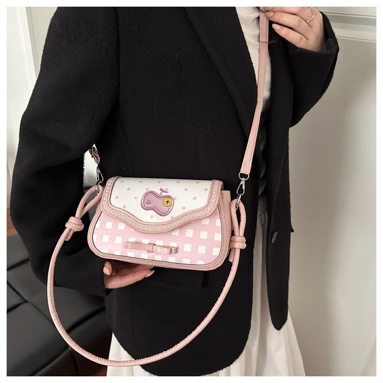 Cute Apple Plaid Patchwork Pu Shoulder Bags for Women Ctrast Color Sweet Bow Ladies Crossbody Bag Portable Girls Handbags