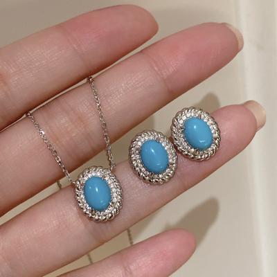 Ensemble Rétro de Luxe avec Boucles d'Oreilles Turquoise Ovales pour Femmes Collier Diamants Exquis Bleu Ensembles de Bijoux