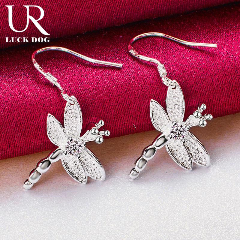 925 Sterling Silver Dragonfly AAA Rund Zirkon Hängeörhängen, Trendiga Bröllopssmycken
