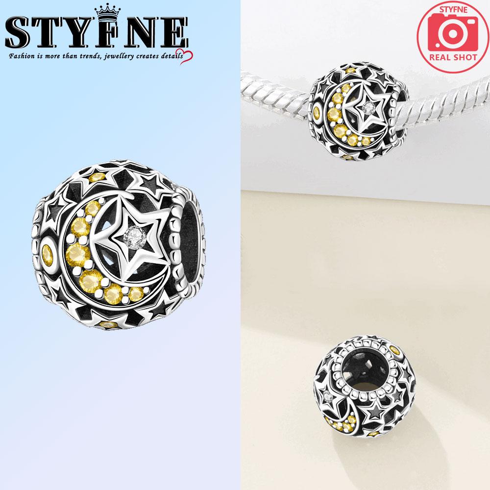 Copper Golden Hollowed-Inlaid Stone Stars And Moon Charms Beads Pendant For Original Bracelet Woman Girl Jewelry