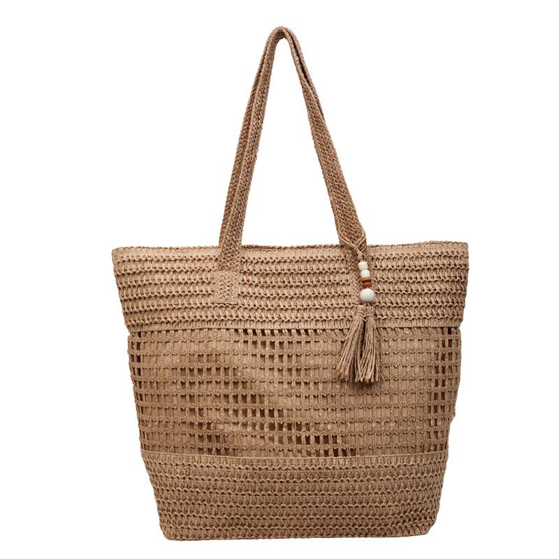 Woven Straw Tote with Tassel Accent and Spacious Interior for Summer Beach or Casual Daily Use