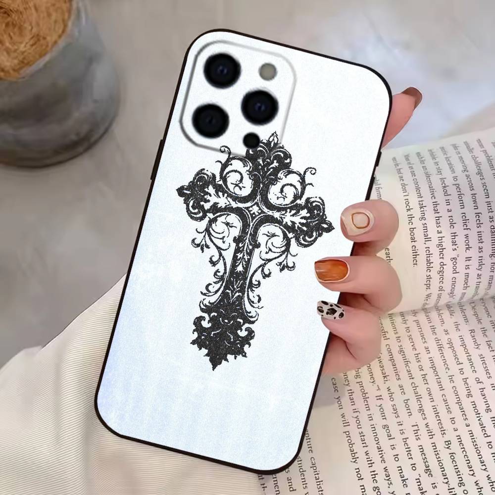 Gotisches Kreuz Ranke Transparent Handyhülle Für iPhone 17,16,15,14,13,12,11 Plus,Pro Max,XS,Weiche Silikon Schwarze Hülle