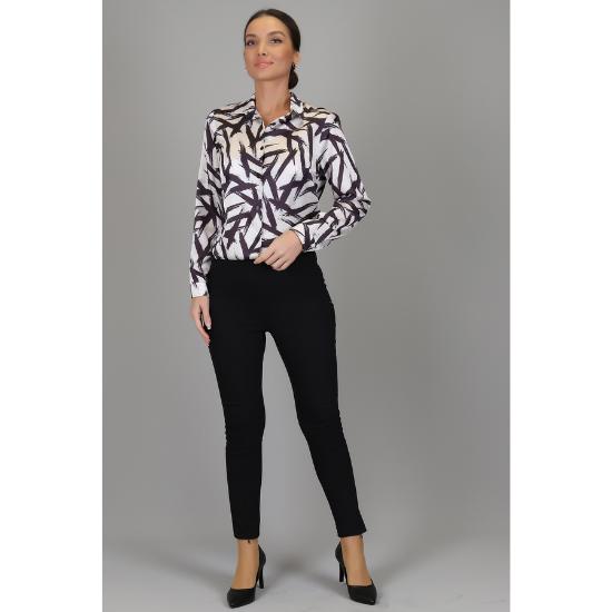 Koszula damska z długim rękawem z satyny Lycra w kolorze ecru, czarnym, wzorzysta DK 1003