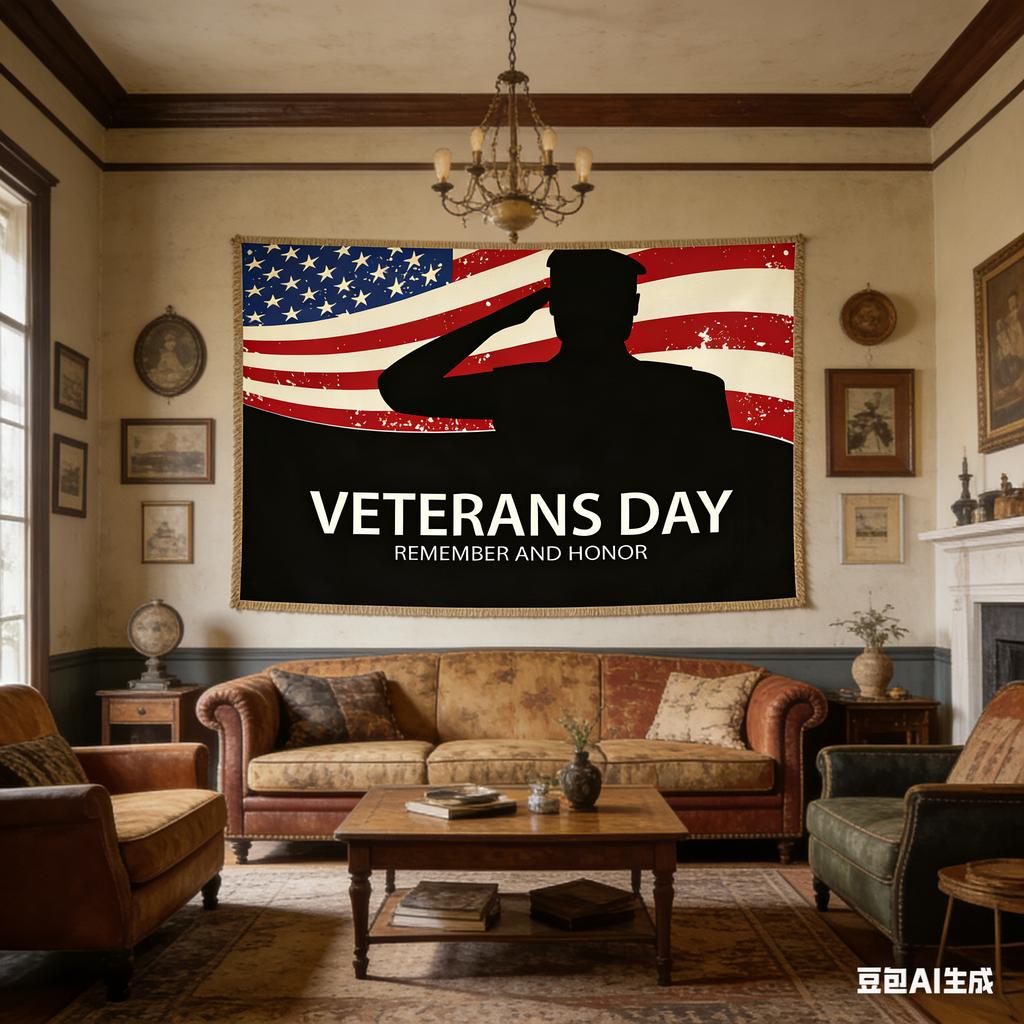 Veterans Day Salute Tapestry Patriotic Honor Print Polyester Wall Hanging for Living Room US Flag and Veteran Salute Themed De