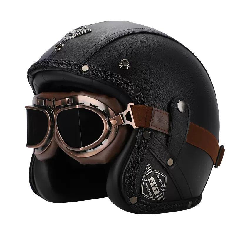 Retro Helmet Electric Motorcycle Leather Helmet Summer Pedal Cruise Motorcycle Harley Men and Women Three Quarter Helmet Half Helmet