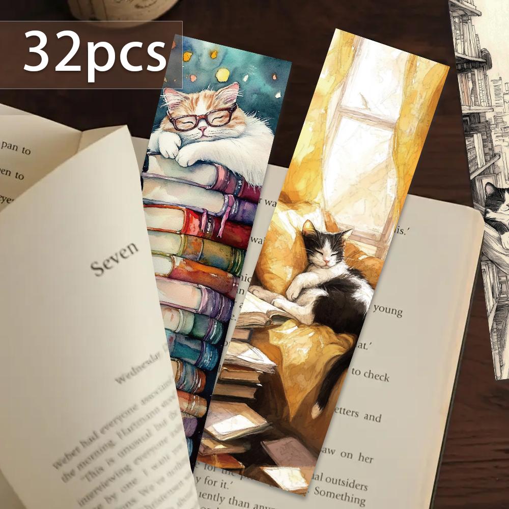 32 Stück. Bücherregal/Katzen-Lesezeichen, geeignet für die Schulanfangszeit, Weihnachten, Halloween, Lehrer, Leser, Geburtstage.