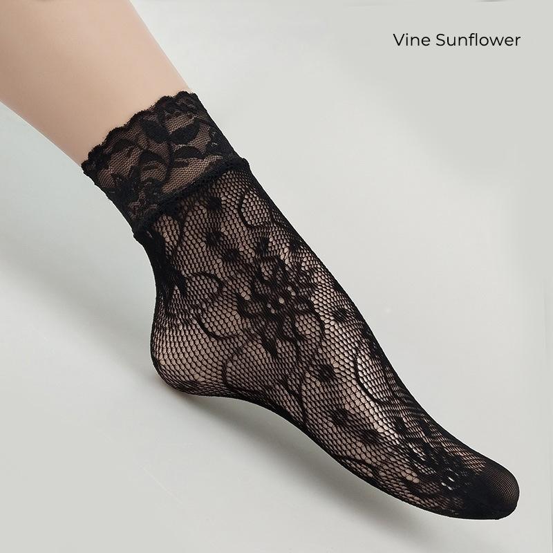 Women Retro Gothic Summer Lace Top Floral Fishnet Ankle Socks Lady Black Nylon Short Lace Stockings 23 Models Shoe Size 5-10