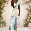 Women Plus Size V Neck Short Sleeve Printed Navy Blue Straight Long Maxi Dress