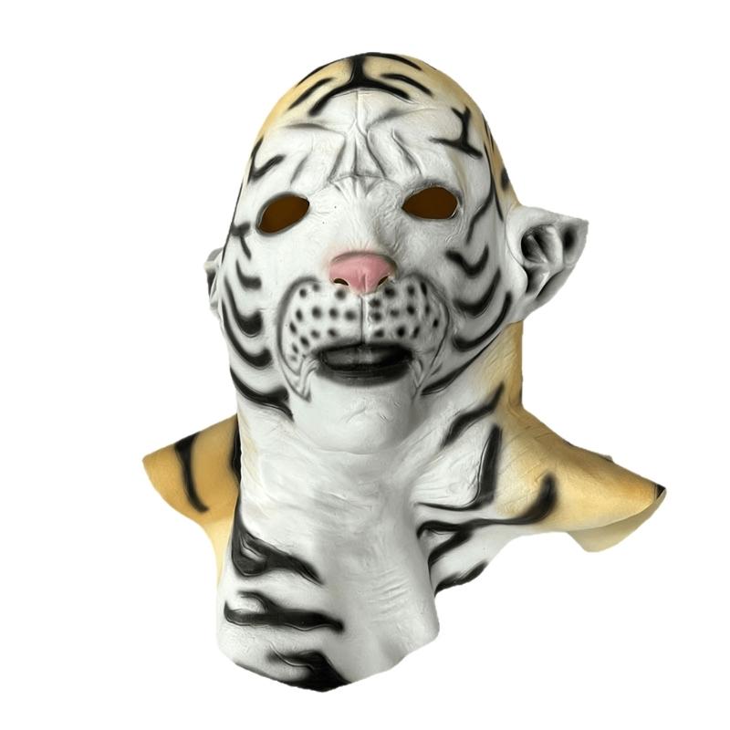 Vollkopf-Latex-Kostümmaske mit gestreiftem Tiergesicht, Nackenabdeckung, Augenöffnungen und offenem Mund für Mottoparty-Outfits und Fotoautomaten