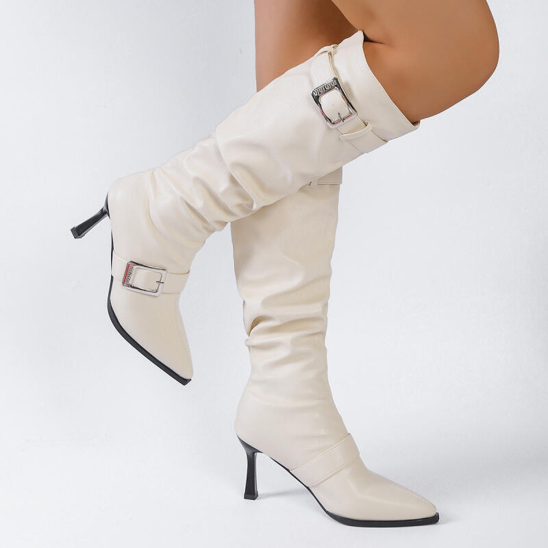 Fashion Fashion Metal Buckle Decoration Long Boots for Women Solid Pointed Toe Autumn Knee High Boots Sexy Super High Heel Party Shoes