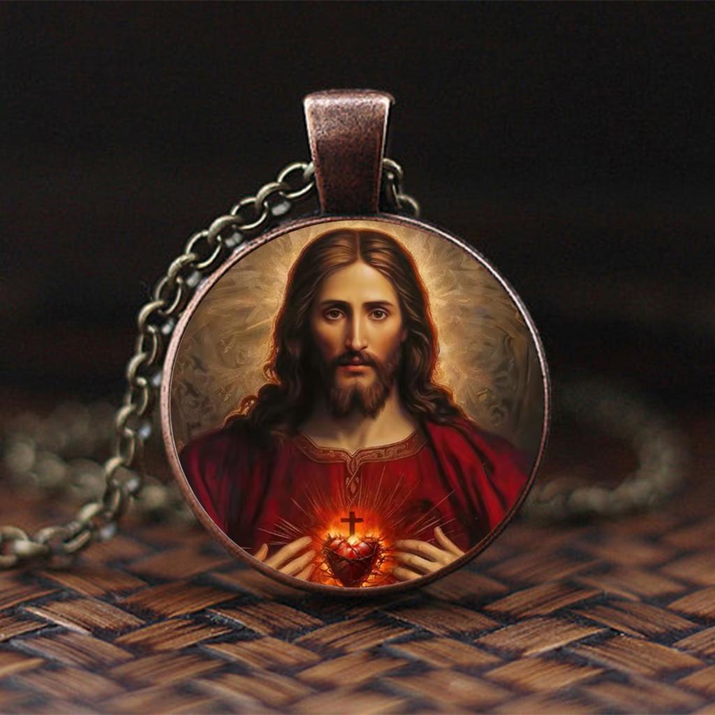 One Piece Jesus Sacred Heart Necklace Jesus Pendant Religious Jewelry Glass Pendant Suitable for Daily Wear Unisex
